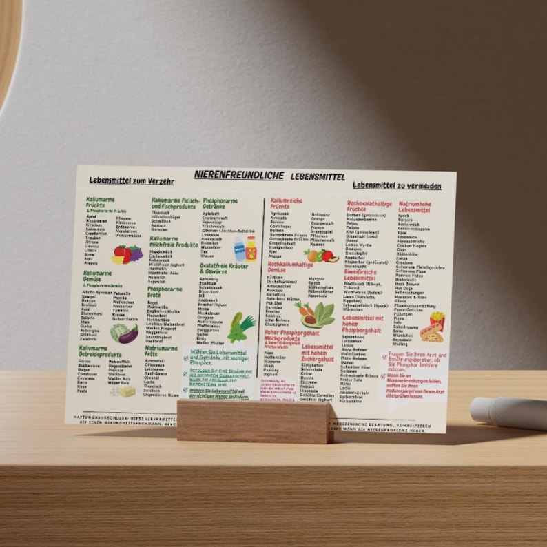 May include: A printed chart with German text, listing foods to consume and avoid for kidney health. The chart is propped up by a wooden stand. The text is in black, with colorful illustrations of fruits and vegetables.