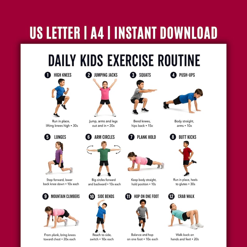 Daily Kids Exercise Routine Printable, Kids Workout Plan, Fun Home ...
