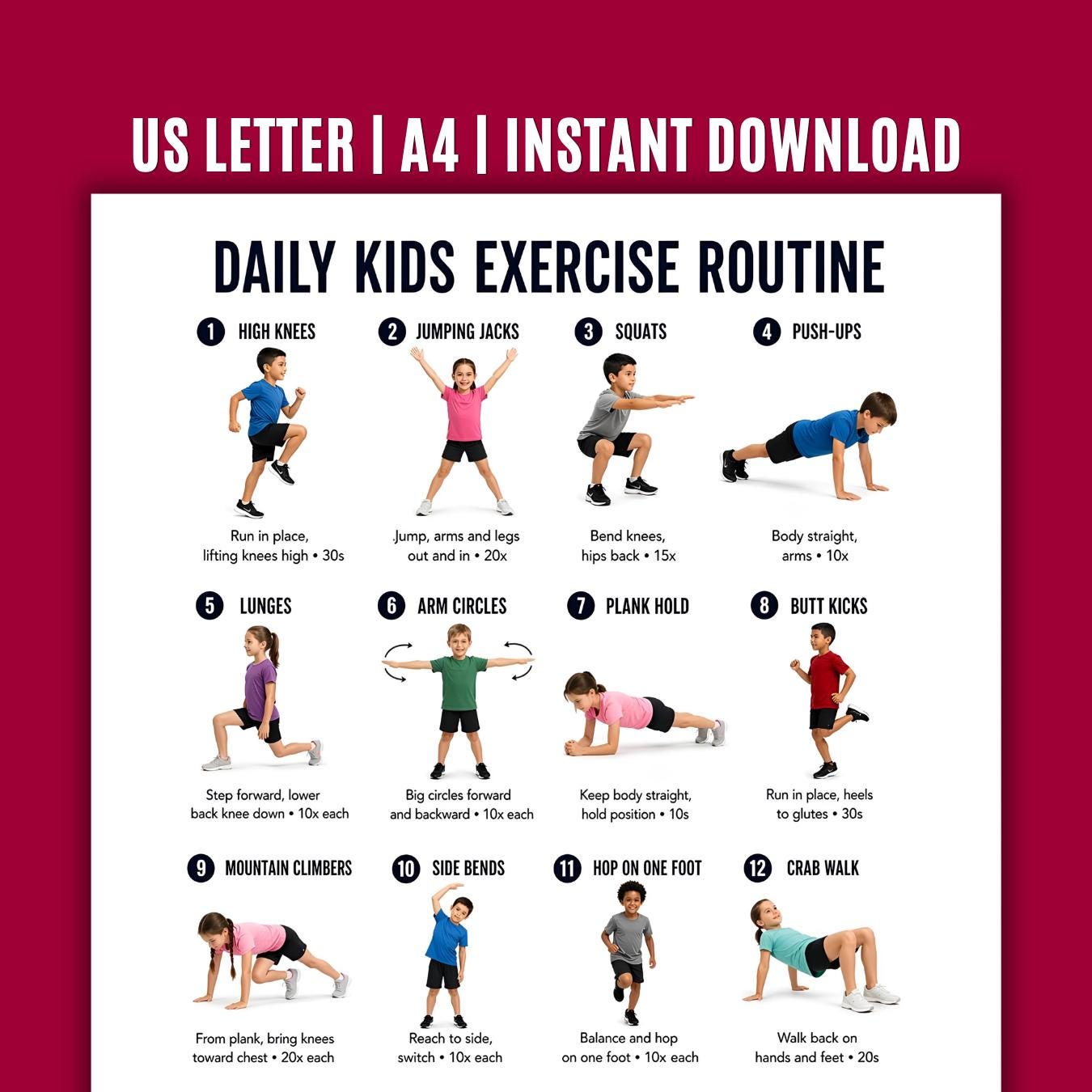 Daily Kids Exercise Routine Printable, Kids Workout Plan, Fun Home ...
