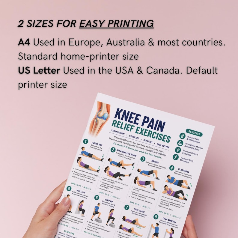 Może przedstawiać: Biała, zadrukowana kartka z ćwiczeniami na b&oacute;l kolana, zawierająca ilustracje i instrukcje. Tekst zawiera "Knee Pain Relief Exercises" i "2 Sizes for Easy Printing".