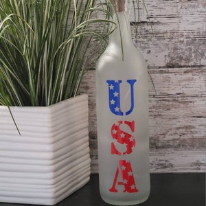 4th of July, Independence Day Bottle with cork & LED Lights, Wine Bottle