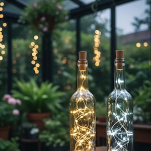 Könnte beinhalten: Zwei klare Glasflaschen mit Korken, jede gefüllt mit Lichterketten. Eine Flasche hat warmgelbe Lichter, die andere hat kühlweiße Lichter. Die Flaschen stehen auf einem Holztisch in einem Gewächshaus.
