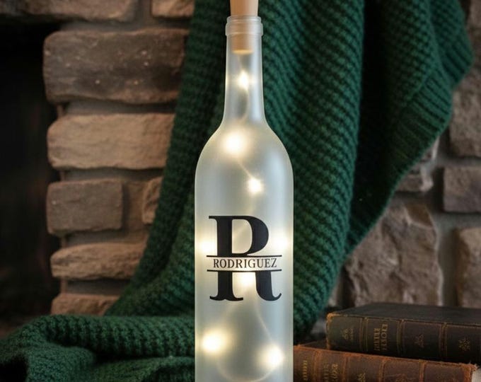 Personalized Light Up Bottle, Custom Frosted Glass Bottle with Fairy Lights, Family Name Monogram Sign, Wedding Gift, Home Decor Accent