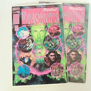 May include: Two comic book covers featuring a green-skinned man with a pink aura surrounding him. The covers are for "Razorline" and "Dark Reign", both with the text "First Cut" and "Super Heroes from the World of Clive Barker".