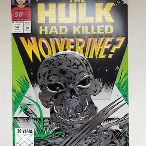 Puede incluir: Una portada de cómic con una calavera plateada con garras, sobre un fondo verde y negro. El título dice "What If... The Hulk Had Killed Wolverine?" con las palabras "What If..." en rojo y el resto en dorado. La portada también presenta un logotipo del 30 aniversario de X-Men.