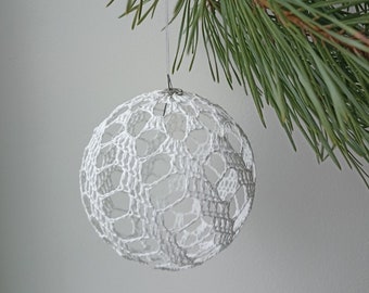 Crocheted balls and bells , Knitted ornaments, White Christmas ornaments, window display decorations, hanging bells, Christmas tree ornament