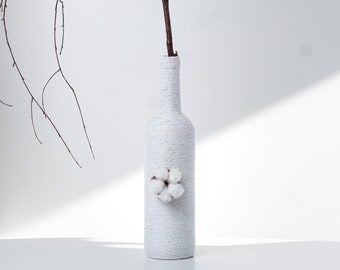 Organic cotton vase, Natural pampas bottle, Decorative bottle for flowers, White candlestick holder, boho decor, bohemian home decor