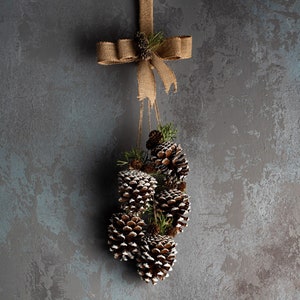 May include: A cluster of pine cones with a hessian bow hanging from a string. The pine cones are frosted and have a rustic look.