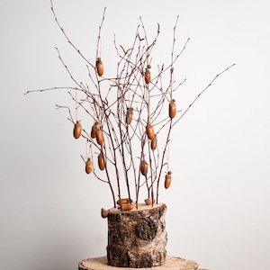 Natural Birch Tree, Natural Wood Decor, Christmas Tree Alternative, Hanging natural acorns with caps, Acorn ornaments, Rustic home decor