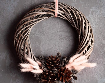 Handmade Willow Wreath with Pink Pampas, Pine Cones, Rustic Boho Door Decor