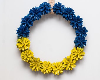 Ukraine Flag Wreath | Blue and Yellow Decor | Front Door Christmas Wreath | Ukraine Support | Natural Pinecone Wreath | Sustainable Decor