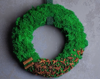 Natural green moss wreath, Preserved green moss, Christmas wreath, Front door wreath, Fresh Christmas wreath, Green Christmas wreath