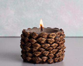 Pinecone concrete tea light holder,  Natural eco wood planter, Rustic window table decor, Concrete tea light holder, Sustainable home gift