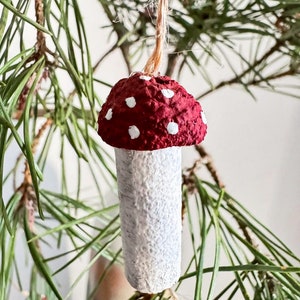 Natural red fly agaric mushroom ornaments made of wood and acorn hats for Christmas tree decorating, mushroom decor for fall home decorating
