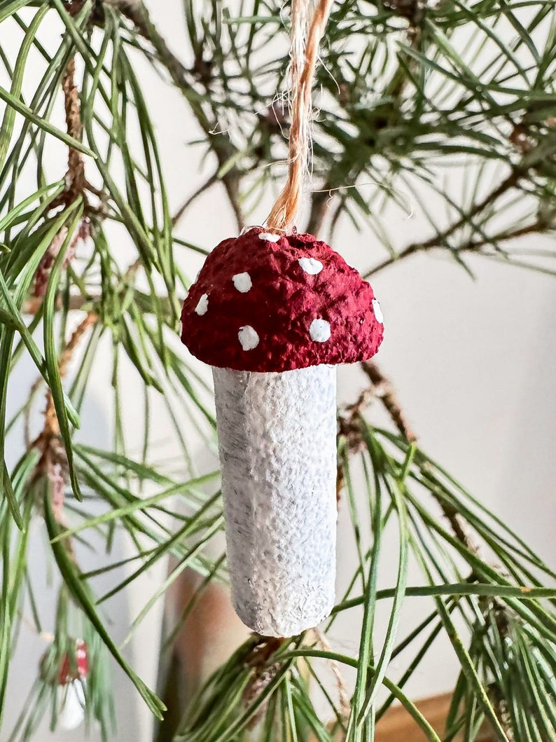 Natural red fly agaric mushroom ornaments made of wood and acorn hats for Christmas tree decorating, mushroom decor for fall home decorating