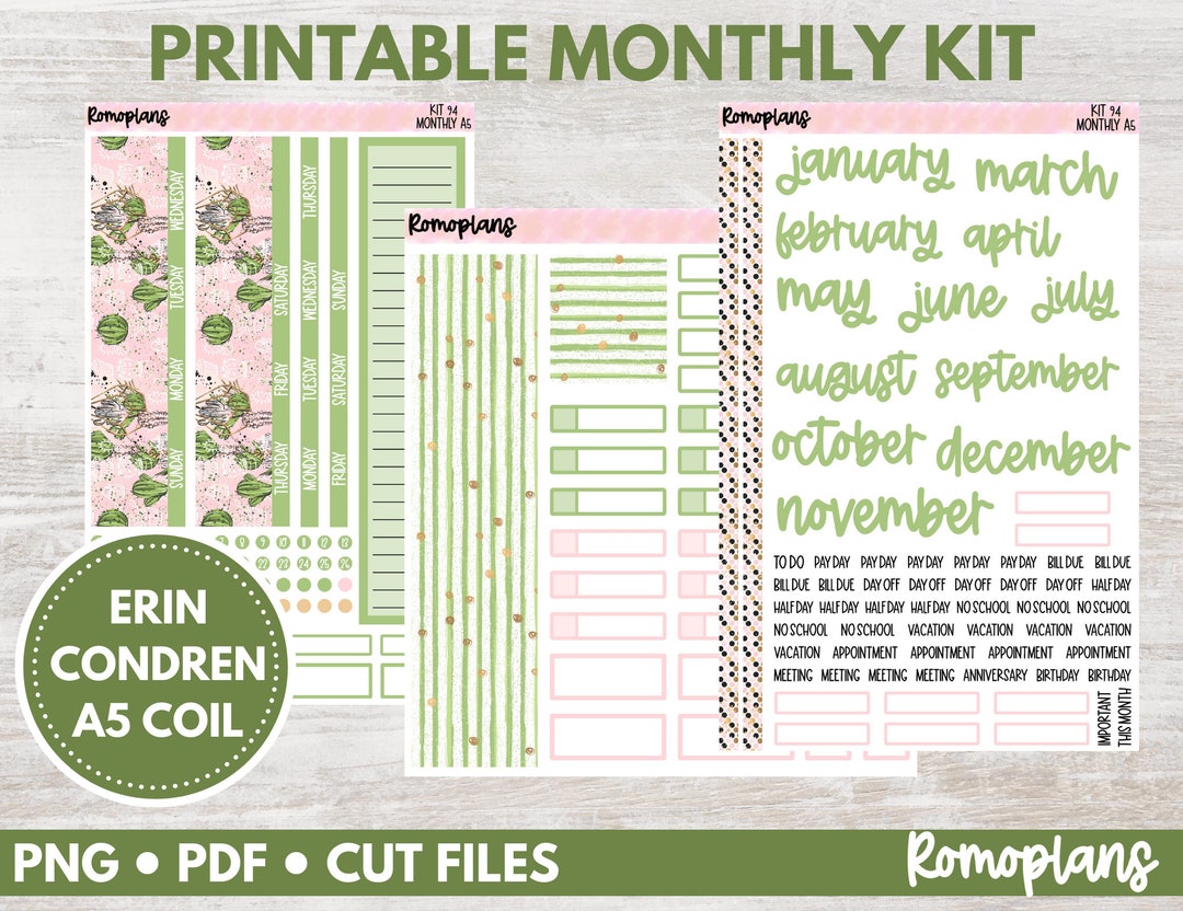 Printable Monthly Kit KIT 94 Erin Condren A5 Coil - Etsy
