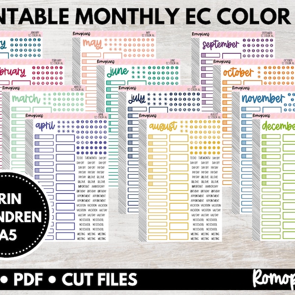 Paquete de kit mensual funcional imprimible en colores Erin Condren / Erin Condren / Planificador A5