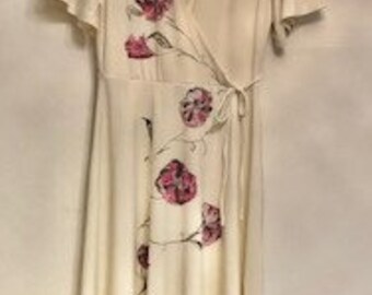 Handpainted dress, ivory with fuschia flower design