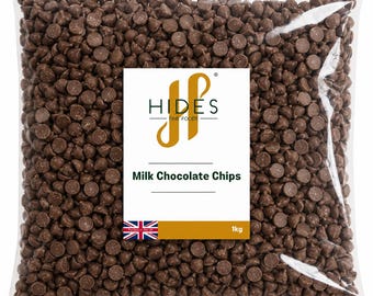 Hides Fine Foods - Milk Chocolate Chips -1kg - GMO - Free - Suitable for Vegetarians - Baking - Desserts - Cookies - Ganache - Muffins
