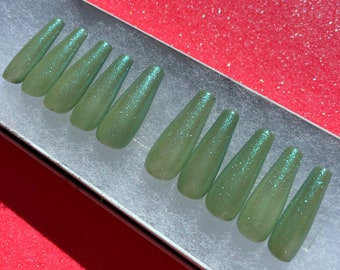 Sage Green Glitter Press On Nails, Spring Acrylic Nails, St Patricks Day Nail Set, Sparkly Glue On Nails, Luxury Handmade Press Ons