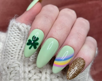 Shamrock Press On Nails St Patricks Day, Saint Patricks Day Press On Nails, Glitter Acrylic Nails, Short Almond Press On Nails, Fake Nails