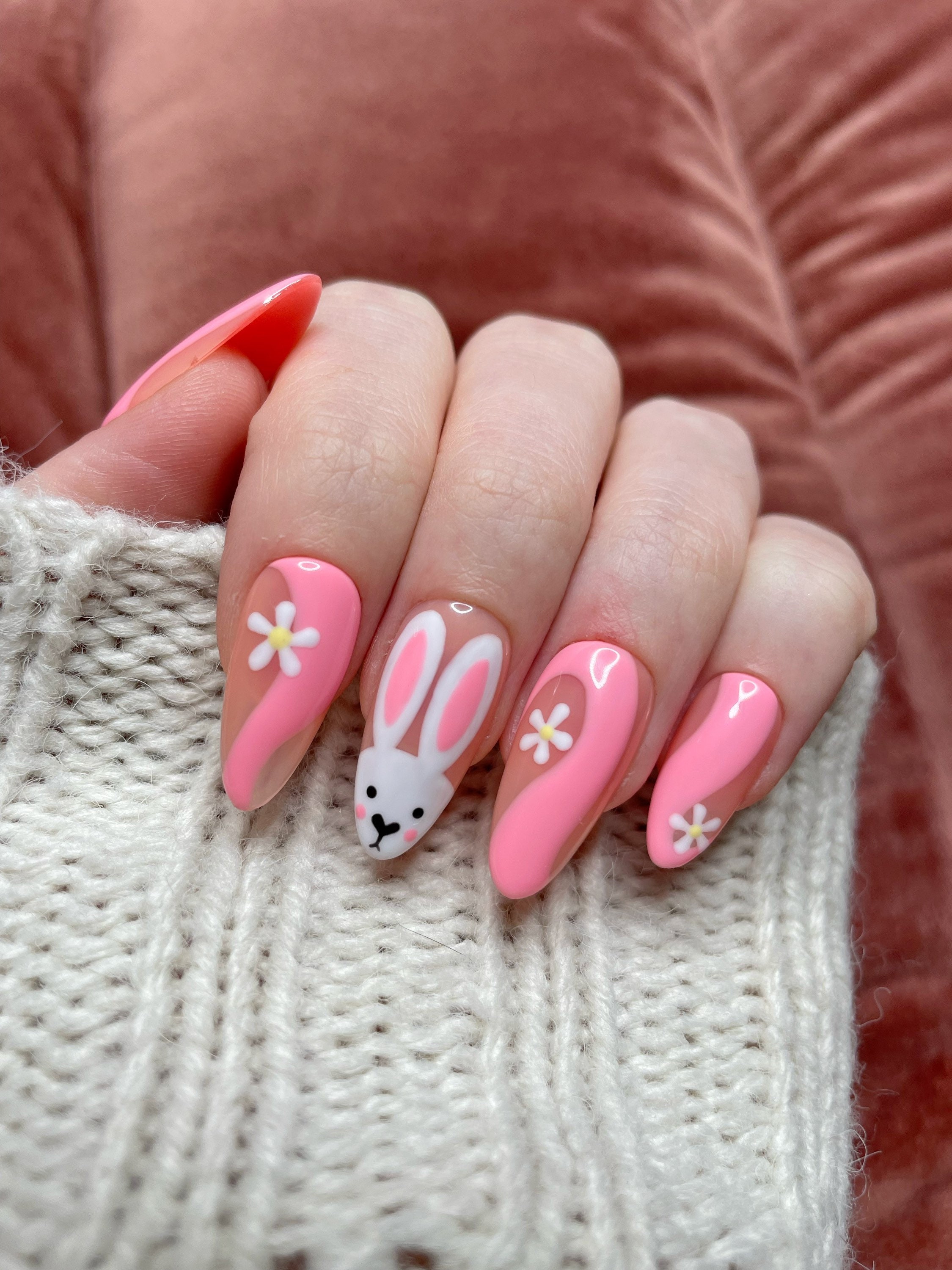 Sweet Cream Orange Bunny Rabbit and Cloud Short Press-On Nails