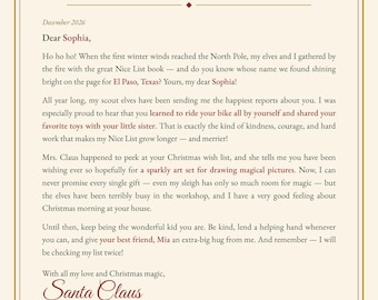 May include: A letter from Santa Claus on cream-coloured paper with a red border. The text reads From the Desk of Santa Claus, The North Pole Office of Christmas Wishes, and includes a circular stamp marked Dec 25 Air Mail Santa Approved.
