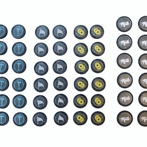 May include: A set of 30 round game tokens with different designs. The tokens are black with white and yellow accents. The designs include a streetlight, a flag, gears, and a gun.