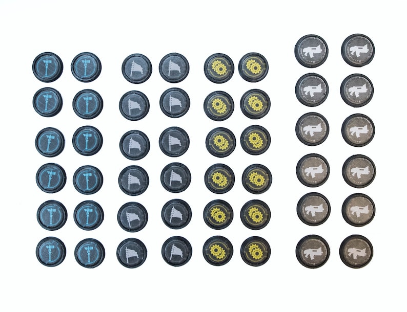 May include: A set of 30 round game tokens with different designs. The tokens are black with white and yellow accents. The designs include a streetlight, a flag, gears, and a gun.