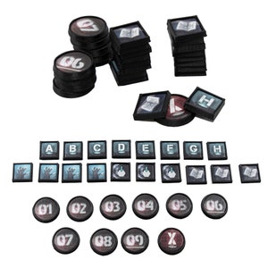 May include: A set of game pieces for a board game. The pieces include black and white square tiles with letters A through H, black and white square tiles with various symbols, black round tiles with numbers 1 through 9 and X, and black round tiles with numbers 01 through 09.