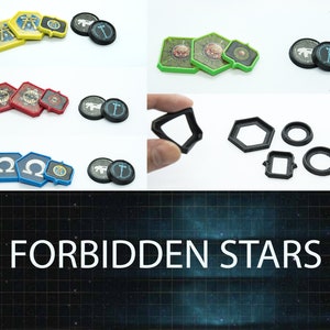 May include: A set of game pieces for the board game Forbidden Stars. The pieces are made of plastic and feature different colors and designs. The game pieces include a variety of shapes, including circles, squares, and hexagons. The game pieces are designed to be used with the Forbidden Stars board game.