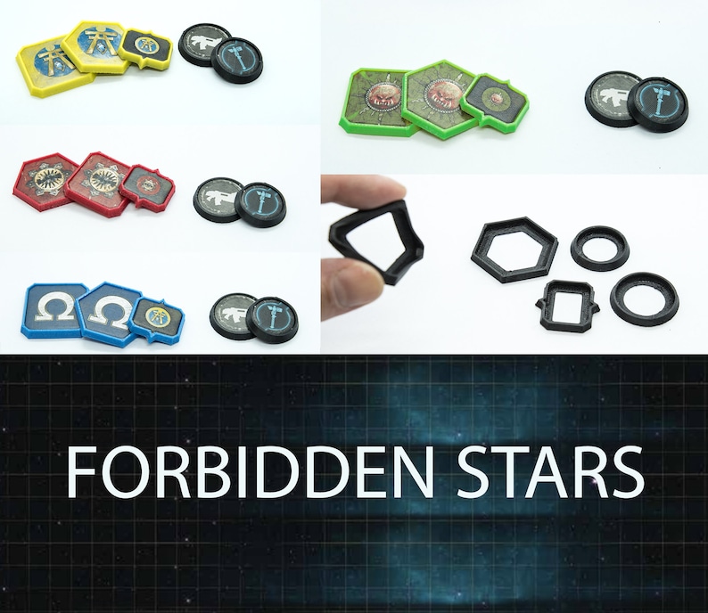 May include: A set of game pieces for the board game Forbidden Stars. The pieces are made of plastic and feature different colors and designs. The game pieces include a variety of shapes, including circles, squares, and hexagons. The game pieces are designed to be used with the Forbidden Stars board game.