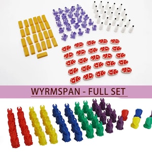 May include: A complete set of Wyrmspan game pieces, including purple, blue, green, red, and yellow dragon figures, gold bars, red meat tokens, and shields. The game pieces are arranged on a white surface.