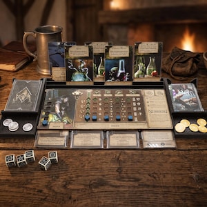Op de afbeelding: Een bordspelset op een houten tafel, met kaarten, dobbelstenen en fiches. Het spel bevat een centraal bord met sleuven en indicatoren, samen met kaarten en dobbelstenen. Een tinnen mok en een boek zijn op de achtergrond zichtbaar.