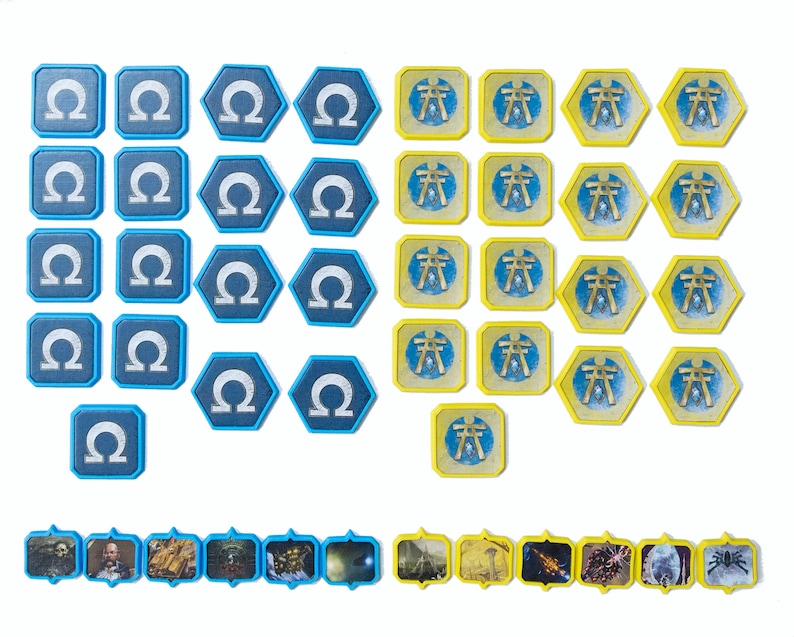 May include: A set of 24 game pieces, 12 blue with a white omega symbol and 12 yellow with a white symbol of two people standing back to back. There are also 12 smaller blue and yellow game pieces with images of various creatures.