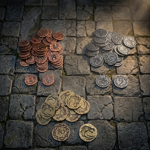May include: An assortment of fantasy coins in copper, silver, and gold tones. The copper coins feature a spider design, the silver coins have a spider and the number 5, and the gold coins have a dragon design and the number 10.