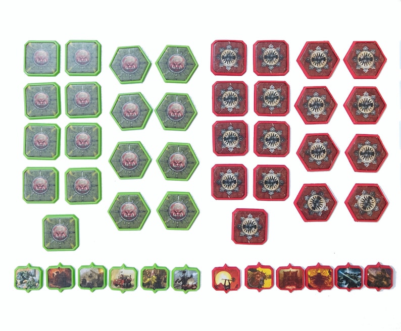 May include: A set of 30 game tokens, 15 green and 15 red. The green tokens are square and feature a green monster face. The red tokens are square and feature a red monster face. The tokens are arranged in rows on a white background.