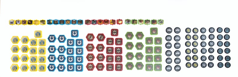 May include: A collection of game pieces for a board game. The pieces are made of plastic and come in a variety of colors, including yellow, blue, red, and green. There are also black and white tokens.