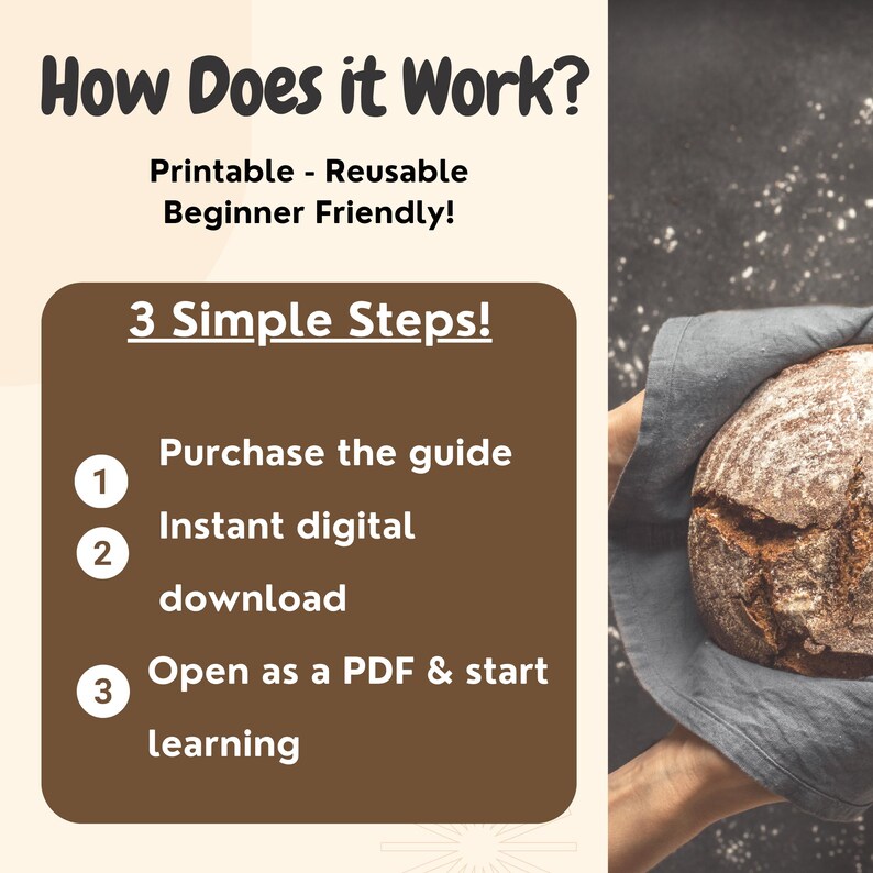 May include: Image with text: "How Does it Work? Printable - Reusable - Beginner Friendly!" and "3 Simple Steps!" with instructions to purchase, download, and open a PDF. A loaf of bread is held in a gray cloth.