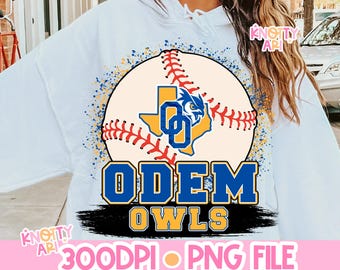 Retro Preppy Splatter Odem Owls Baseball PNG - Blue Yellow- School Spirit -