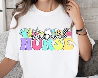Groovy Retro Pastel- Registered Nurse - Nurse Shirt PNG