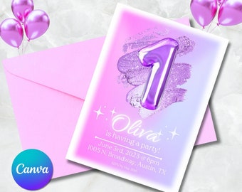 1st Purple Sparkle Birthday Invitation - Instant Download- Printable 5x7 - Canva Template