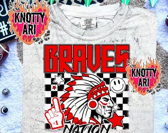 Retro Grunge -  Mascot-BRAVES NATION PNG - School Spirit - Red Black