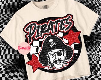 Retro Grunge Preppy PIRATE -Mascot- PNG - School Spirit- Red Black Glitter