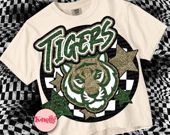 Retro Mascot- Glitter -Tigers PNG - School Spirit-Green Gold