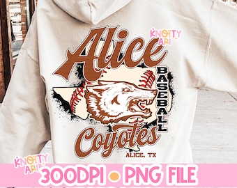 Vintage Inspired Alice Coyotes Baseball -Mascot- Orange Coyotes PNG - School Spirit