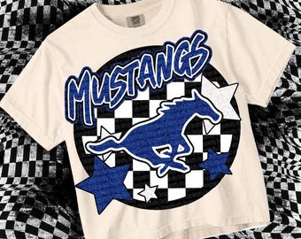 Retro Glitter Mascot Blue - MUSTANG PNG - School Spirit