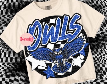 Retro Glitter Mascot- OWLS PNG - School Spirit - Blue, White, and  Black