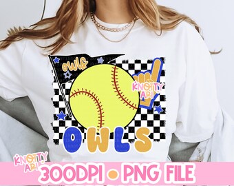 Cute Retro Preppy Owls Softball -Mascot- PNG - School Spirit