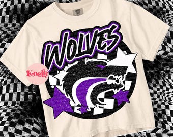 Retro Glitter -  Mascot-WOLVES PNG - School Spirit - Black and Purple